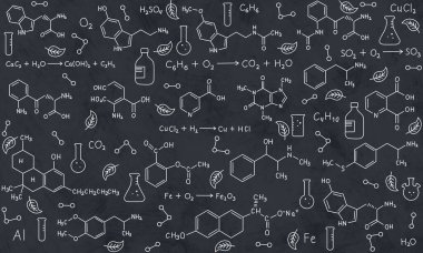Çizilmiş kimyasal formüllerle, yapısal altıgenlerle dolu bir arka plan. Okula dönelim. Okul temalı bir illüstrasyon. Organik kimya eğitimi alıyorum. Bilimsel, reklam için okul geçmişi..