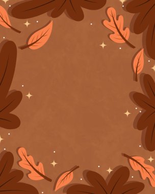 Kahverengi arka plan ve düşen sonbahar yaprakları. Kahverengi renkli, boyalı meşe ve akçaağaç yapraklı, dikey bir çerçeve. Yaz ve sonbahar tatili afişi.