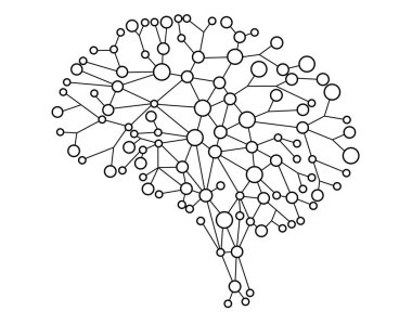 Elektronik insan beyni. Yapay zeka konsepti, logo. Noktalar çizgilerle birleşerek beyni oluşturur. Yapay dijital dünyadaki sinirsel bağlantılar.