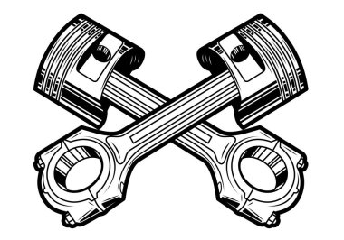 İki vuruşluk motor tabancaları, atölye ya da araba yarışı logosu. İçten yanmalı motorun bir parçası. Motor pistonları siyah ve beyaz izole edilmiş. Araba tamirhanesi ya da garaj amblemi.