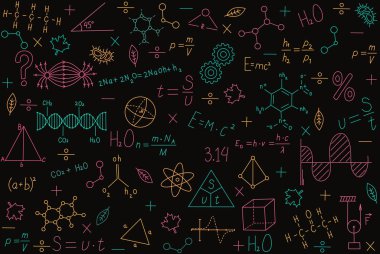 Okul derslerinin renkli formülleri, fizik, kimya, geometri, biyoloji. Okula dönelim. Okul temalı illüstrasyon, üniversiteye gitmek, üniversite. Bilimsel koyu arkaplan.