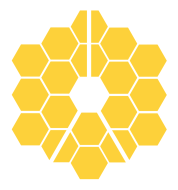 James Webb Uzay Teleskobu 'nun sarı aynaları. JWST. Teleskopa monte edilmiş altıgen aynaların yansıması. Astronomik tasarım için logo.