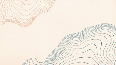 Bej arkaplanda mavi ve kahverengi renkli topoğrafik çizgilerle soyut minimalist çizimler. Arkaplan, duvar kağıtları, grafik tasarımı ve modern web projeleri için elverişli