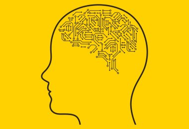 Yapay zeka ve teknolojiyi sembolize eden bir diyagram olarak insan kafasının silüeti. İnsan düşüncesinin ve dijital teknolojinin bir sentezi. Yapay beyinler