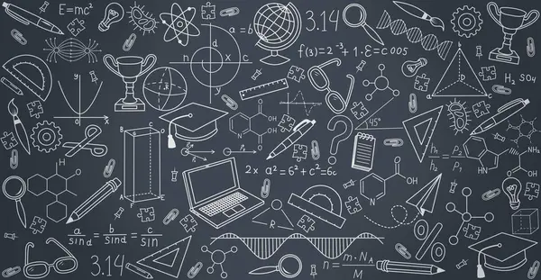 Tahtaya, fiziğe, kimyaya, geometriye, biyolojiye, cebire çizilmiş bilim formülleri. Okula dönelim. Eğitim temasına ilişkin bilimsel ve okul ekipmanlarıyla donatılmış arkaplan. 