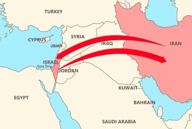 İsrail ve İran arasındaki çatışmayı gösteren Ortadoğu haritası. İsrail ve İran arasındaki jeopolitik gerilim oklarla haritada