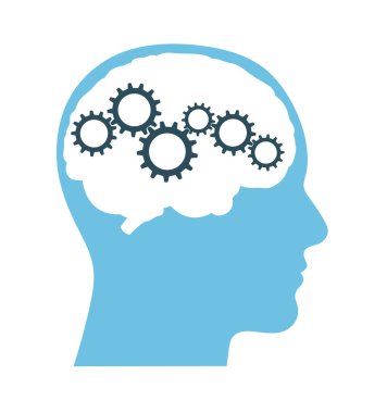 Beyin ve dişli bir kafa silueti, düşünce, akıl ve zeka kavramı. Düşünce, zeka, bilişsel süreçler, mantık, öğrenme ve zihnin işleyişinin sembolü