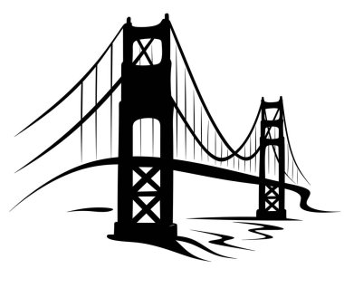 San Francisco 'daki Golden Gate Köprüsü' nün silueti, fırça darbeleriyle çizilmiş minimalist tarzda siyah beyaz çizim. Golden Gate Köprüsü logosu. ABD tarihi.