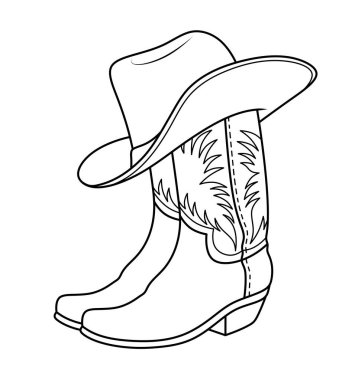 Kovboy şapkası ve çizgili kovboy çizmeleri. Kovboy çizmelerinin kontur çizimi. Vahşi Batı 'da çiftçi kıyafetleri. Amerika 'nın ayakkabı ve şapka sembolü.