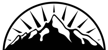 Güneş ışınlı minimalist siyah beyaz dağlar. Dağlı logo. Dağ zirveleri. Yürüyüş, dağcılık ve doğa seyahatiyle ilgili logolar için dağların çizimi.