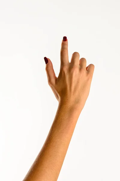 Mão Uma Jovem Mulher Fazendo Sinal Fundo Branco — Fotografia de Stock