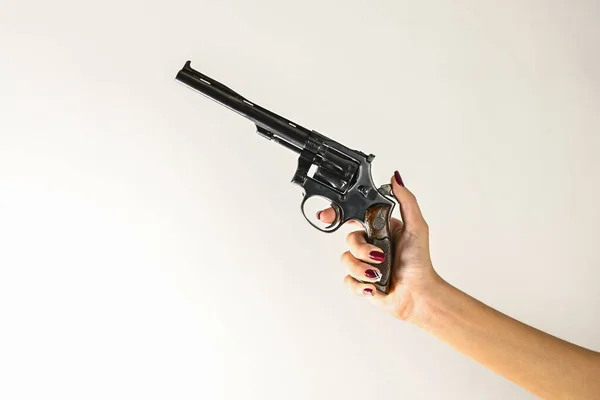 Hands Young Woman Holding Gun White Background — Stock Photo, Image