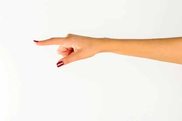Hand Einer Jungen Frau Die Ein Zeichen Macht Weißer Hintergrund — Stockfoto