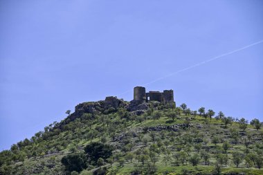 The remains of an ancient fortress sit atop a green, tree-dotted hill against a clear blue sky.