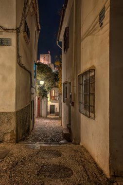 Ay, Alhambra 'da huzurlu bir parıltı yayıyor. Granadas' ın eski kasabasının göbeğindeki dar, taşlı bir sokaktan görülebiliyor..