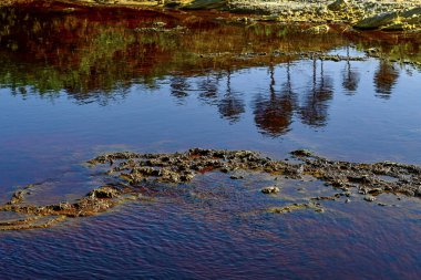The rich, red-tinted waters of Rio Tinto reflect the surrounding landscape, highlighting the river's unique mineral-rich composition