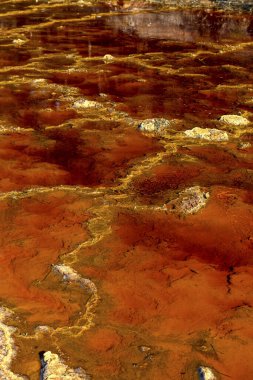 Close-up of iron sulfate formations creating a mosaic of reds and oranges in the Rio Tinto's waters