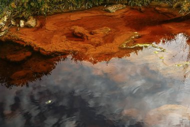 The Rio Tinto in Huelva, Spain, exhibits striking red and orange iron-rich deposits and green microorganism traces clipart