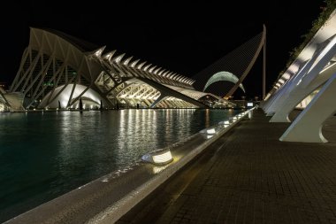 Sanat ve Bilim Şehri 'nin aydınlatılmış görüntüsü, gece gökyüzüne karşı modern tasarımı sergiliyor.