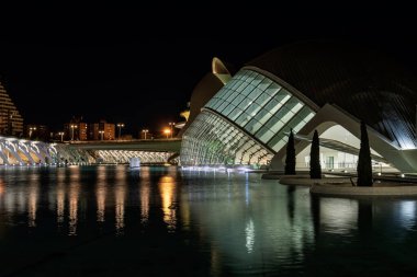 Sanat ve Bilim Şehri 'nin aydınlatılmış görüntüsü, gece gökyüzüne karşı modern tasarımı sergiliyor.
