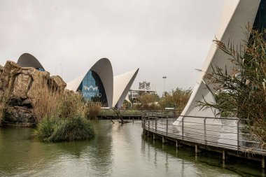 İspanya 'nın Valencia şehrinde yağmurlu bir günde Avrupa' nın en büyük akvaryumu olan okyanus sisteminin çarpıcı modern mimarisi