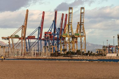 Hareketli bir endüstriyel liman, konteynır vinçlerinin konteynır gemilerinden yükleme ve boşaltmaya hazır olduğu ticaret faaliyetlerini gösteriyor..