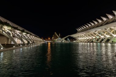 Sanat ve Bilim Şehri 'nin aydınlatılmış görüntüsü, gece gökyüzüne karşı modern tasarımı sergiliyor.