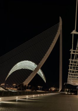 Sanat ve Bilim Şehri 'nin aydınlatılmış görüntüsü, gece gökyüzüne karşı modern tasarımı sergiliyor.