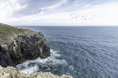 Portekiz 'in Cabo San Vicente şehrinde engebeli uçurumlar ve kayalık bir kıyı şeridi bulunan dramatik bir kıyı manzarası..