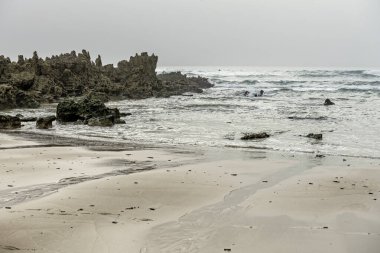 Portekiz 'deki Amoreira Sahili' nde sakin bir sahne. Sis kaplı kayalar ve kumlu kıyıya hafifçe vuran yumuşak dalgalar. Sakin atmosfer sisli ve sakin denizle güçlenir..