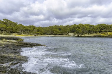 Menorca 'daki Cala Turqueta' nın resimli sahnesi, berrak sular, kayalık kıyı şeridi ve yemyeşil sergileniyor. Huzur bölmesi parçalı bulutlu bir gökyüzü tarafından çerçevelenmiştir..