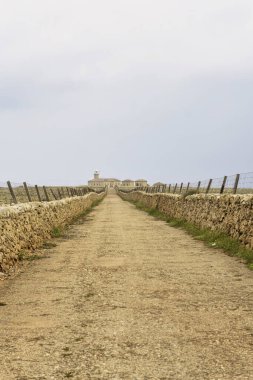Menorca 'daki Punta Nati Deniz Feneri' ne giden taş duvarlar ve çitlerle çevrili uzun düz bir yol. Bulutlu gökyüzü dramatik atmosfere ekleniyor.