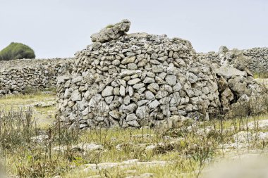 Punta Nati, Menorca 'da geleneksel kuru taş yapıları. Karmaşık taş duvarlar ve yapılar, kır çiçekleriyle benekli doğal manzarayla harmanlanır..