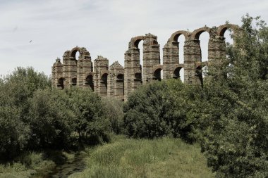 İspanya 'nın Merida kentindeki Roma Mucizeler Aqueduct' u yemyeşil yemyeşil ortamda dimdik ayakta duruyor. Roma mühendisliğinin ihtişamını gösteren antik bir mucize..