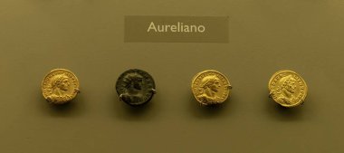 Roma İmparatoru Aurelian 'ın profilini içeren altın ve bronz paraların sergilenmesi. Detaylı yazıtların ve tarihsel önemin sergilendiği müze sergisi.