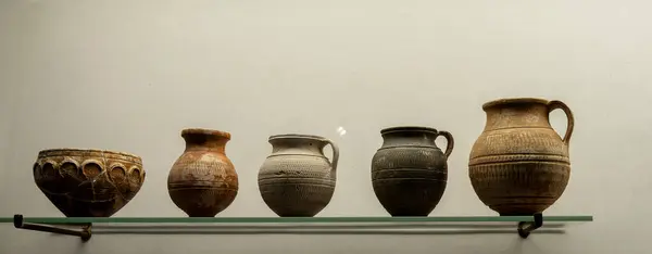 stock image A display of ancient Roman ceramic jars, showcasing a variety of shapes and sizes. These artifacts highlight the craftsmanship and utility of Roman pottery in everyday life.
