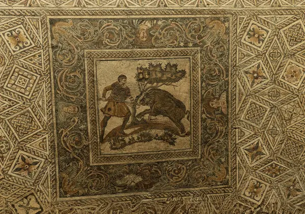 stock image A well-preserved ancient Roman mosaic floor featuring intricate designs and patterns, including a central scene of a charioteer and horses.