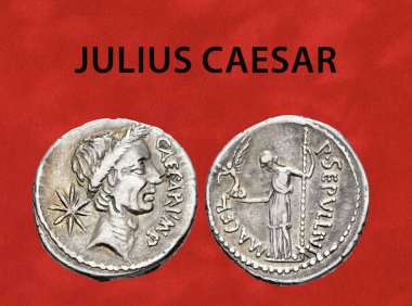 Antik Roma 'dan gelen gümüş para bir tarafta Julius Caesar' ın profili diğer tarafta ise bir figür..