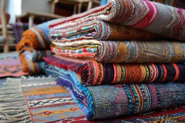 Bir pazarda karmaşık desenler sergilenen renkli katlanmış kumaş yığını, canlı renkler ve işçilik sergiliyor..