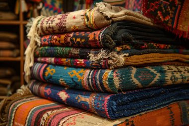 Bir pazarda karmaşık desenler sergilenen renkli katlanmış kumaş yığını, canlı renkler ve işçilik sergiliyor..