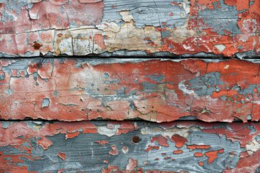 Çatlamış ahşap kalasları yakın plan, çeşitli renklerde soyulmuş boyalar, zengin dokular..