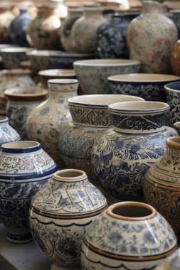 Bir çömlekçinin masasında seramik vazolardan oluşan canlı bir koleksiyon..