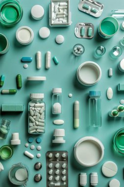 Nane yeşili bir yüzeye yerleştirilmiş çeşitli haplar, kapsüller ve ilaç şişeleri farklı şekil ve boyutlarda sergileniyor..