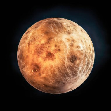 Venüs gezegenine yakın çekim, eşsiz yüzey dokusunu ve renklendirmesini karanlık uzay arka planına karşı gösteriyor..