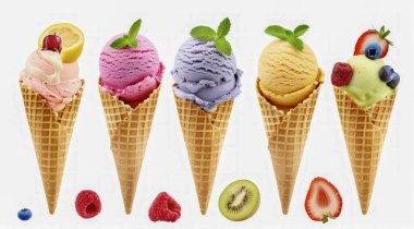 Taze meyve ve nane yapraklarıyla süslenmiş çeşitli aromalı beş dondurma külahı..