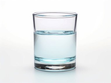 Temiz beyaz bir yüzeye yerleştirilmiş su dolu şeffaf bir bardak, minimalist bileşim..