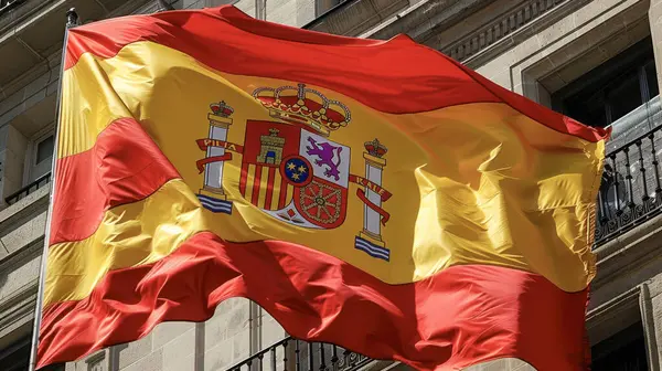 İspanya ulusal bayrağı rüzgarda dalgalanıyor parlak, berrak bir gökyüzü altında ışık bulutlarıyla
