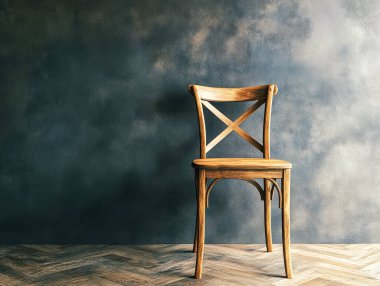 Minimalist bir odaya yerleştirilmiş ahşap bir sandalye desenli beton bir duvar ve doğal ahşap döşeme, basit ama sanatsal bir estetik yaratıyor..