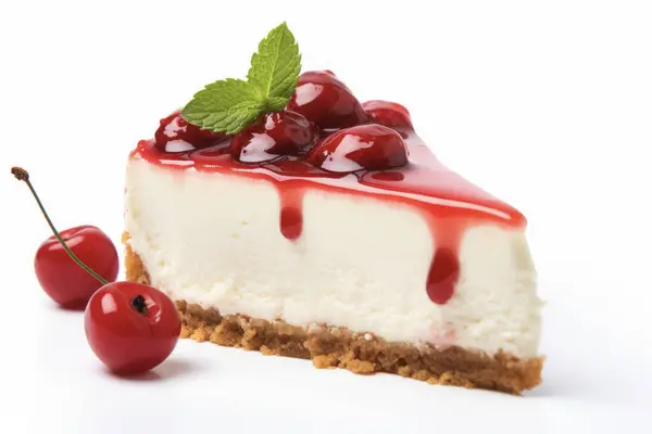 Kiraz soslu kremalı cheesecake, nane yaprağı ve taze kirazla süslenmiş..