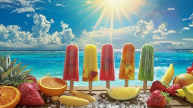 Tropikal bir plajda karpuz, çilek ve ananas kaplı canlı meyveli dondurma..